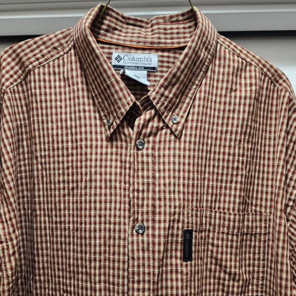 Columbia Button Down Shirt Men's XL Long Sleeve Brown Beige Plaid Cotton - Picture 2 of 11